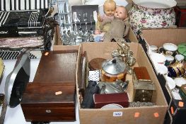 TWO BOXES AND LOOSE SUNDRY ITEMS, to include tea caddy (missing interior), dolls, (a Dolls Only