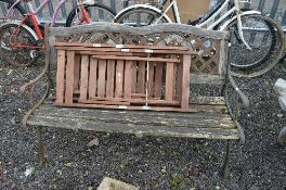 A METAL SLATTED GARDEN BENCH, approximate length 126cm and two folding garden chairs (3)