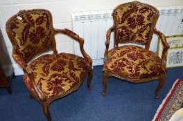 TWO FRENCH WALNUT STAINED ARMCHAIRS, with gold and red upholstery (2)