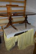 A PAINTED MARBLE TOPPED WASHSTAND, with tile back and a mahogany pedestal coffee table (2)