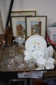 TWO BOXES AND LOOSE CERAMICS, GLASS, PICTURES etc, to include Wedgwood 'Ice Rose' teawares, a pair