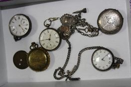 FOUR SILVER POCKET WATCHES, two chains, two fobs and a brass full hunter