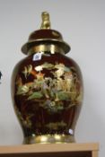 A LARGE CARLTON WARE ROUGE ROYALE TEMPLE JAR, with Dog of Fo finial, decorated in pagoda pattern,