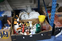 TWO BOXES AND LOOSE CERAMICS, GLASS ETC, to include Caithness, glass clowns, Doulton 'Pastorale'