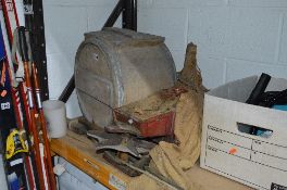 A VINTAGE BUTTER CHURN, and a seed sewer (2)