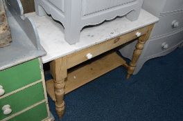 A PINE MARBLE TOP WASHSTAND, with one frieze drawer and undershelf
