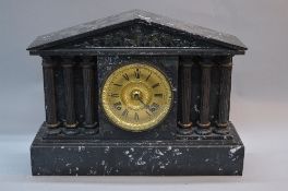 A LATE 19TH CENTURY ANSONIA OF NEW YORK BLACK AND WHITE VEINED MARBLE MANTEL CLOCK, of architectural