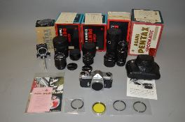 A TRAY OF ALMOST MINT CONDITION ASAHI PENTAX SLR CAMERA EQUIPMENT, these include a boxed Pentax
