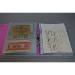 AN ALBUM OF BANKNOTES, CHEQUES AND POSTAL ORDERS, to include English, Scottish, Jersey, Guernsey,