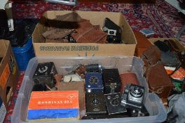 TWO BOXES OF CAMERAS AND EQUIPMENT, including various box cameras by Kodak, Coronet ,Menisque, etc