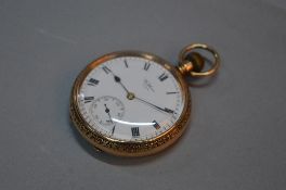 A 9CT GOLD WALTHAM USA OPEN FACED POCKET WATCH, 9ct dust cover, marked 4198, 15 jewel, secondary