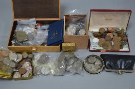 A BOX OF MIXED COINAGE, to include 1 1/2 Kilo's of .925 and .500 silver, a 1845 crown, a 1914