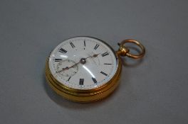 AN 18CT GOLD FUSEE OPEN FACED POCKET WATCH, white enamelled face with secondary dial, Sheffield