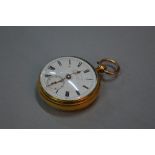 AN 18CT GOLD FUSEE OPEN FACED POCKET WATCH, white enamelled face with secondary dial, Sheffield