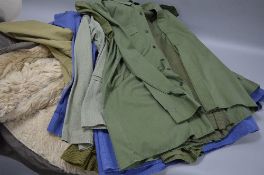 SEVEN ITEMS OF WWII ERA AND BEYOND MILITARY UNIFORM, to include flying coat, long fur lined, blue