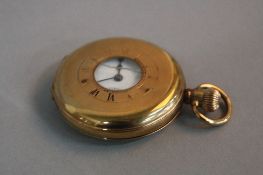 A 9CT GOLD DENNISON HALF HUNTER POCKET WATCH, dated 1924 -, enamel dial with subsidiary seconds