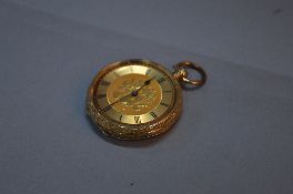 A VICTORIAN SMALL OPEN FACED POCKET WATCH, gilt floral patterned dial with Roman numerals and blue