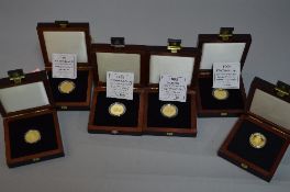 SIX QUARTER OUNCE GOLD COINS, 14K, 7.76 grams, 4 with certificates, all boxed Royal Mint, Andorra 25