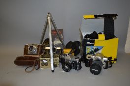 A TRAY OF CAMERAS AND EQUIPMENT, including a Asahi Pentax Spotmatic 500 with 55mm lens, a Nikon