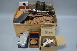 A DEALERS/TRADERS LARGE BOX CONTAINING A NUMBER OF MILITARY STYLE ITEMS, three cannisters for