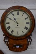 A VICTORIAN BURR WALNUT THIRTY HOUR DROP CASE WALL CLOCK, circular painted 35.5cm (14'') painted