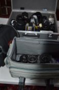 AN ALUMINIUM CASE AND TWO BAGS OF CAMERAS AND EQUIPMENT, these include a Pentax Z10 and MZ50, a