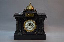 A LATE 19TH CENTURY ANSONIA OF NEW YORK BLACK SLATE MANTEL CLOCK OF ARCHITECTURAL FORM, brass dome