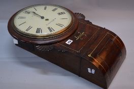 AN EARLY VICTORIAN MAHOGANY AND BRASS INLAID THIRTY HOUR WALL CLOCK, circular 30.5cm (12'')