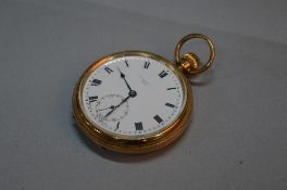 A 9CT GOLD OPEN FACED POCKET WATCH, white enamel face with secondary dial, Birmingham 1924, full