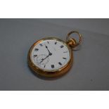 A 9CT GOLD OPEN FACED POCKET WATCH, white enamel face with secondary dial, Birmingham 1924, full