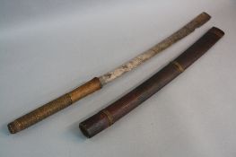 A JAPANESE STYLE SWORD, with wood handle grip over steel blade which has a couple of chips on the