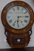 A VICTORIAN WALNUT AND INLAID DROP CASE EIGHT DAY WALL CLOCK, circular 30cm (11 3/4'') painted