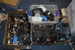 TWO BOXES AND A TRAY OF PHOTOGRAPHIC EQUIPMENT, including Pentax, Zenit, Praktica, Chinon, etc