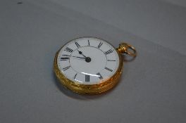 AN 18CT GOLD OPEN FACED POCKET WATCH, white enamel dial, ornately engraved case, Sheffield 1903,