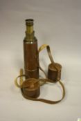 A BROADHURST CLARKSON & CO LTD FIVE DRAWER LEATHER CLAD BRASS TELESCOPE, length fully extended