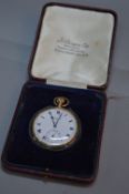 A 9CT GOLD OPEN FACED POCKET WATCH, by J.W. Benson, white enamel face with secondary dial,