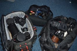 THREE BAGS OF CAMERA EQUIPMENT, including a Miranda MS-1 Super and four Miranda lenses, seven mostly