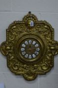 A LATE 19TH CENTURY CONTINENTAL WALL CLOCK, circular foliate embossed gilt metal 14.5cm dial with