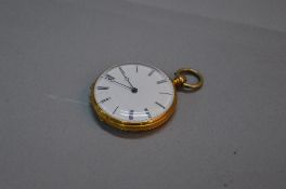 A LADIES 18K GOLD FRENCH FOB WATCH, white enamel dial, approximately 26 grams