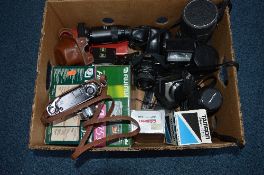 A BOX OF CAMERAS AND EQUIPMENT, including a Yashica J, Yashica FR with winder and flash, Centon CF