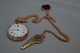 A 9CT GOLD OPEN FACED POCKET WATCH, white enamelled face (cracked) approximate weight 90.5 grams,