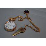 A 9CT GOLD OPEN FACED POCKET WATCH, white enamelled face (cracked) approximate weight 90.5 grams,