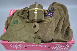 A BOX CONTAINING THREE ITEMS OF WWII ERA AND BEYOND BRITISH MILITARY JACKETS, (one RAF), complete