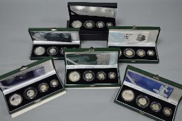 SIX BRITANNIA FOUR COIN SILVER SETS, all with COA's, 1997, 2001, 2003, 2005, 2007, 2008 (6)