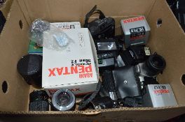 A BOX OF MOSTLY PENTAX CAMERAS AND ACCESSORIES, these include a boxed F2, a P30T, a MZ-50, Vivitar