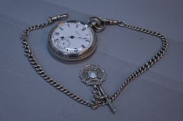 A WALTHAM SILVER OPEN FACED POCKET WATCH, on a silver T Bar chain and fob (loose secondary hand)