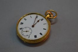 AN 18CT GOLD OPEN FACED POCKET WATCH, (lacking glass), 9ct dust cover, approximately 88.6 grams,