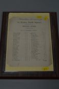 A WOODEN FRAME CONTAINING A LISTING OF MEMBERS OF THE 1/5TH BTN NORFOLK REGIMENT WHO WERE PRESENT AT