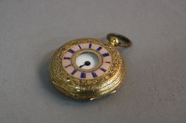 A LADIES FRENCH 18K GOLD AND PINK ENAMEL HALF HUNTER FOB WATCH, (lacking glass), approximate gross