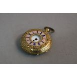 A LADIES FRENCH 18K GOLD AND PINK ENAMEL HALF HUNTER FOB WATCH, (lacking glass), approximate gross